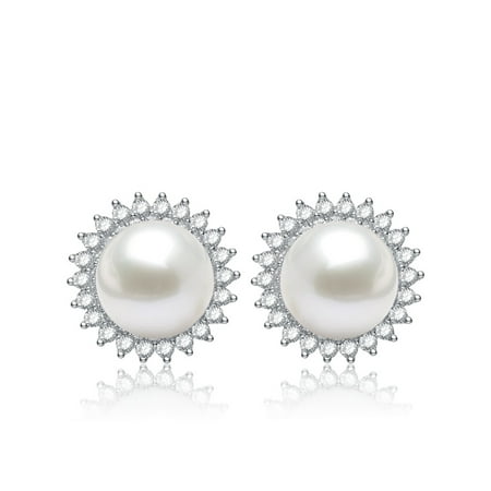 - Sterling Silver White Freshwater Pearl Cubic Zirconia Flower Earrings (10.5 mm)