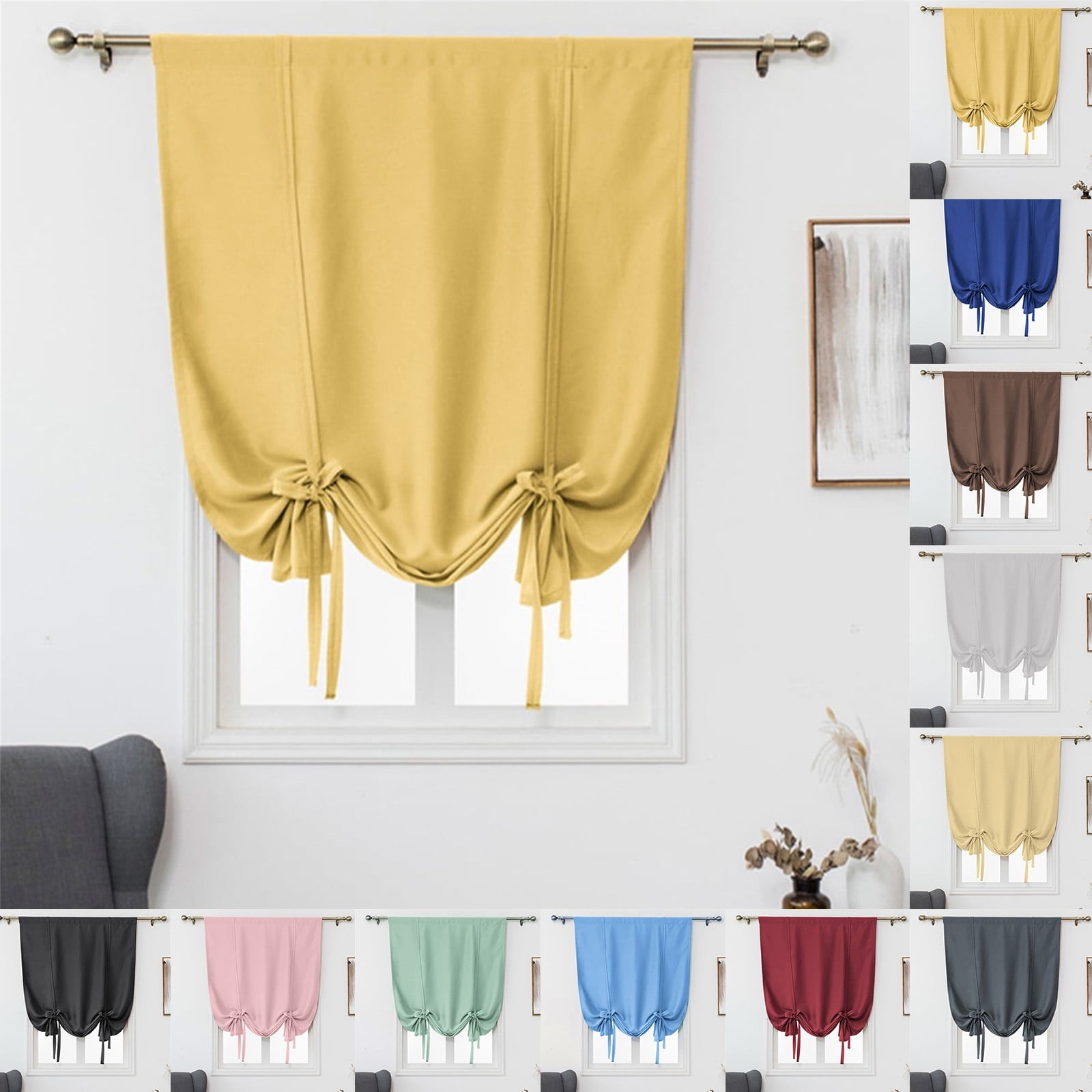 (Clearance) pdqouc Linen Blackout Tie Up Curtains Thermal Insulated Lined Balloon Roman Shade Bathroom Window Adjustable Rod Pocket for Small Window (30 X 46 Inches Long)