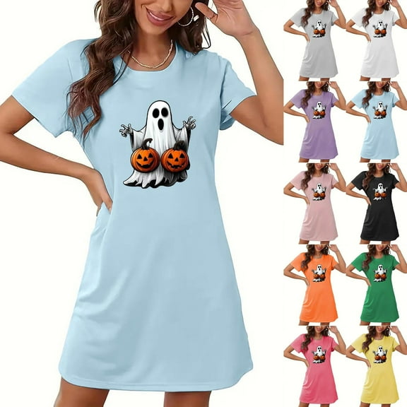 Meichang Women's Halloween Nightgowns Pumpkin Ghost Print Sleepwear Short Sleeves Tshirt Dress Sleepshirts Crew Neck Loose Fit Nightshirts Mini Dresses Halloween Costumes Adult