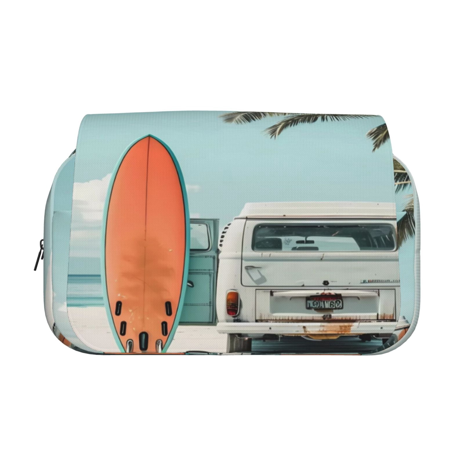 Rateoe Vintage Surf Van Beach Pattern Double Clamshell Pen Case, Storage Organizer with Two Zipper Compartments– Holds Up to 50 Pencils & Pens