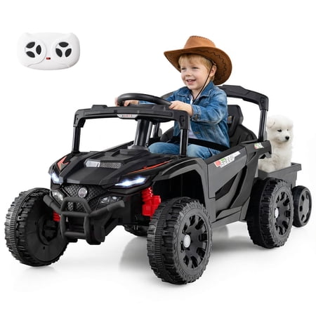 Costway 12V Kids Ride On UTV with Detachable Trailer, Remote Control, 3 Speeds, LED Lights Black
