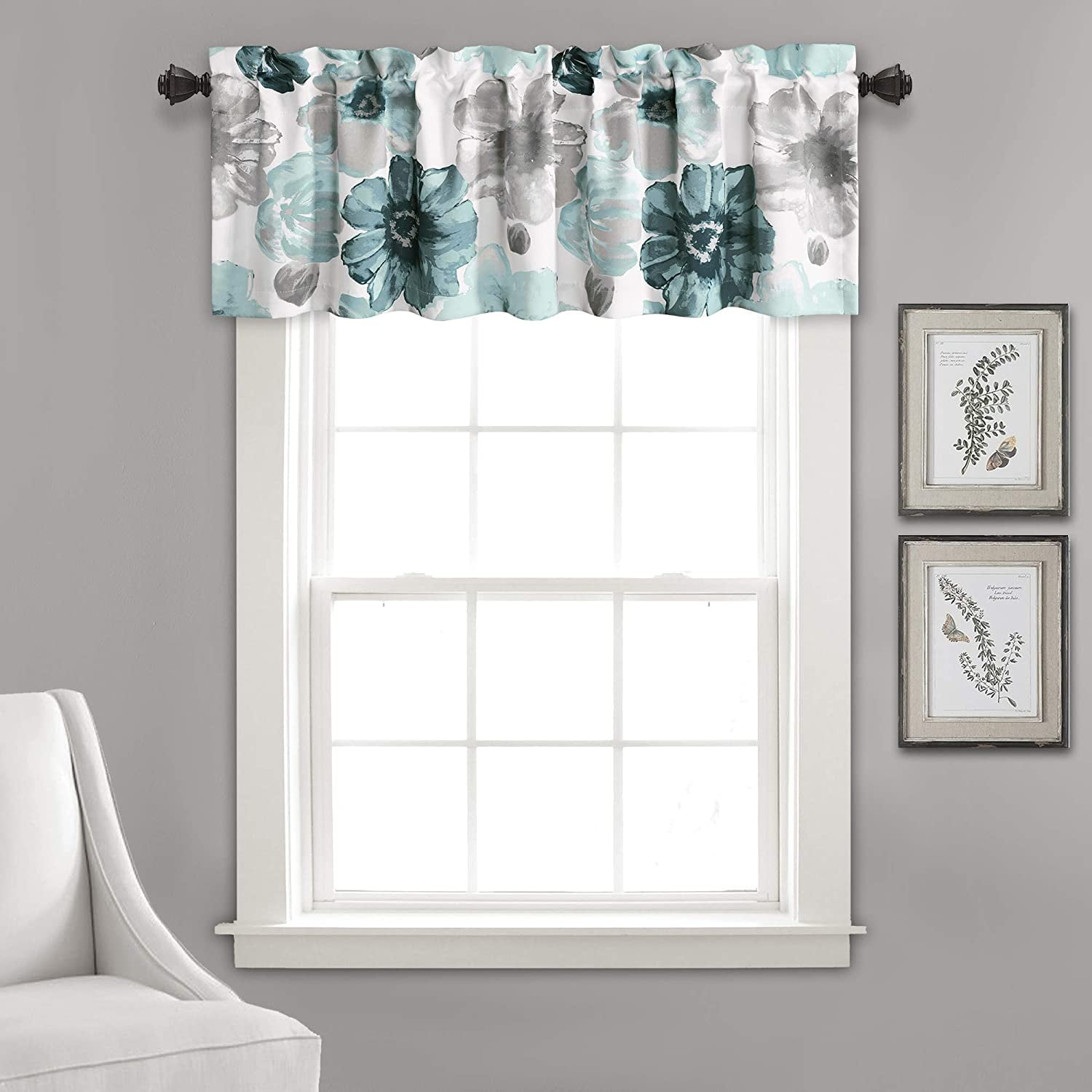 Country Living Straight Cotton Valance White w/Border of Blue Flowers/Eyelet 