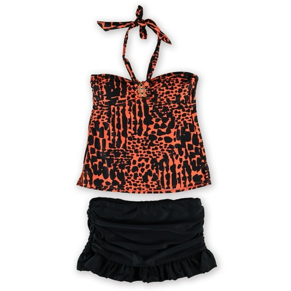 Island Escape Womens Printed Ruffled Skirtini 2 Piece Bandeau, Orange, 8