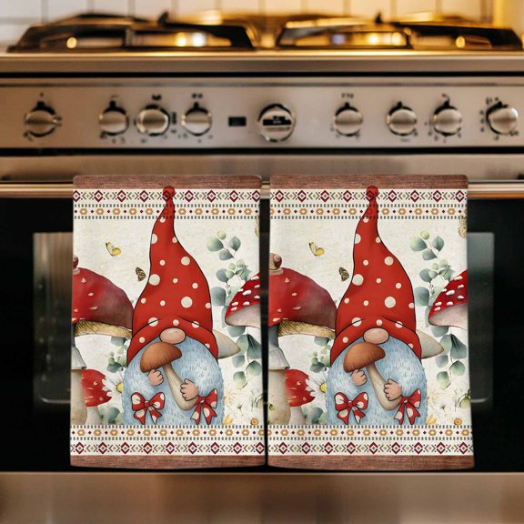 Red Mushroom Gnomes Kitchen Towels Set of 2, Vintage Botanical Elegant Pastoral Absorbent Dish Towels for Kitchen, Microfiber Hand Towel, Quick Drying Tea Towel for Cleaning Decorative Dishcloths