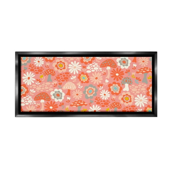 Stupell Industries Groovy Mushrooms & Florals Botanical & Floral Painting Black Floater Framed Canvas Art Print Wall Art, 25 x 11