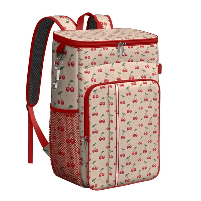 Red Cherry Print Backpack Cooler, Insulated Leakproof Lunch Bag for Outdoor Adventures and Summer Fun