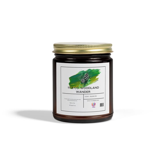 111 & Co. Woodland Wander Fraser Fir  Scented Candle | Amber Jar | Coconut Apricot Wax 9oz