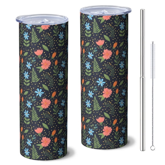 Pioneer Flower Floral Print Pattern 20oz Skinny Tumbler with Straw & Lid, Double Wall Vacuum Insulated Cup, Leak-Proof, Cup Holder Friendly, Hot 6H Cold 12H