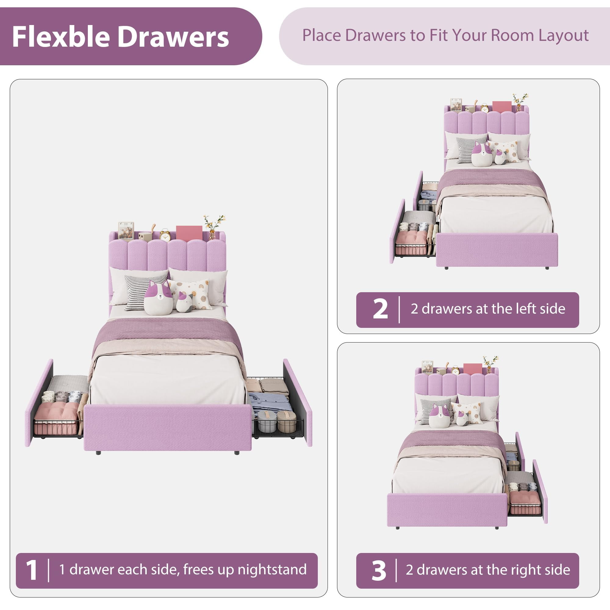 Bed Frame with 2 Storage Drawers, Upholstered Bed Frame Queen Size with LED Lights Headboard, No Box Spring Needed, Easy Assembly