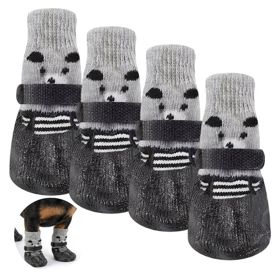 GASTROPOD 4Pcs Socks with Grippers for Samll Dog,Anti-Slip Rubber Sole with Adjustable Strap Dog Socks,Cartoon Bear Pattern High-Stretch Cuff for Easy on & Off Paw Socks for Indoor Use,S