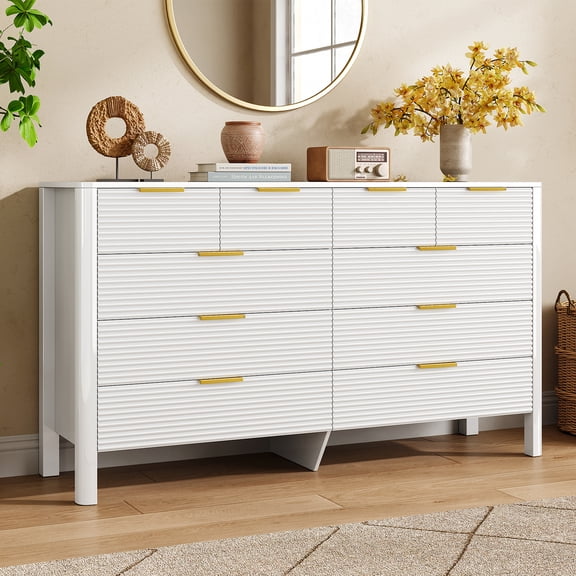 NIUEJOI Fluted 10 Drawers Dresser for Bedroom, 55" White High Gloss Chest of Drawers with Metal Handles for Living Room, Hallway