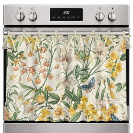 Farmhouse Oven Skirt Curtain Yellow White Floral Oven Curtain Tie Top Spring Farmhouse Botanical Flowers Stove Skirt Curtains with Ties&Ruffle Trim Dishwasher Skirts Curtains for Cabinet 27 x20