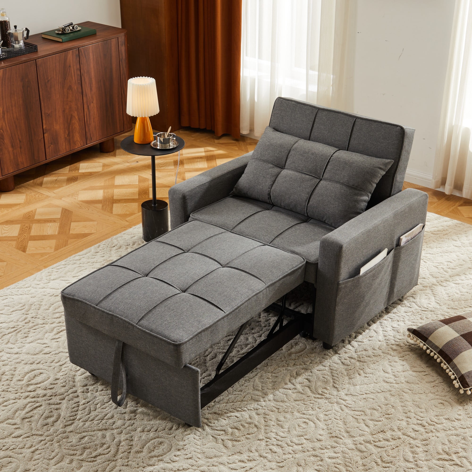 Gewnee 3‑In‑1 Folding Sofa Bed Chair, Convertible Sofa Bed and Office Chair, Adjustable Backrest Leisure Chair With Wheels & Handles & Side Pockets, Fit For Small Spaces, Dark Grey