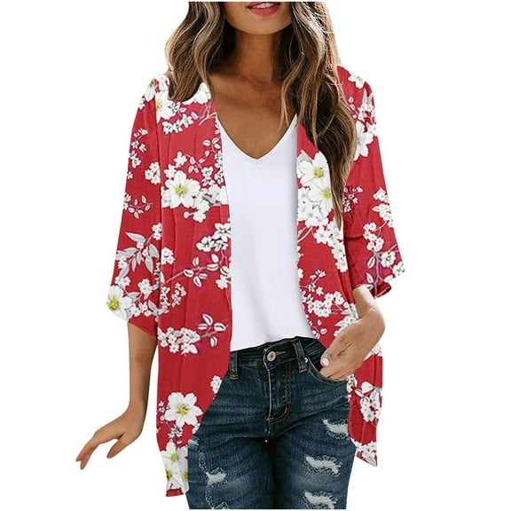 Womens Fashion 3/4 Sleeve Tops Casual Floral Printed Boho Cardigans Loose Fit Plus Size Open Front Shirts Beach Cover Up