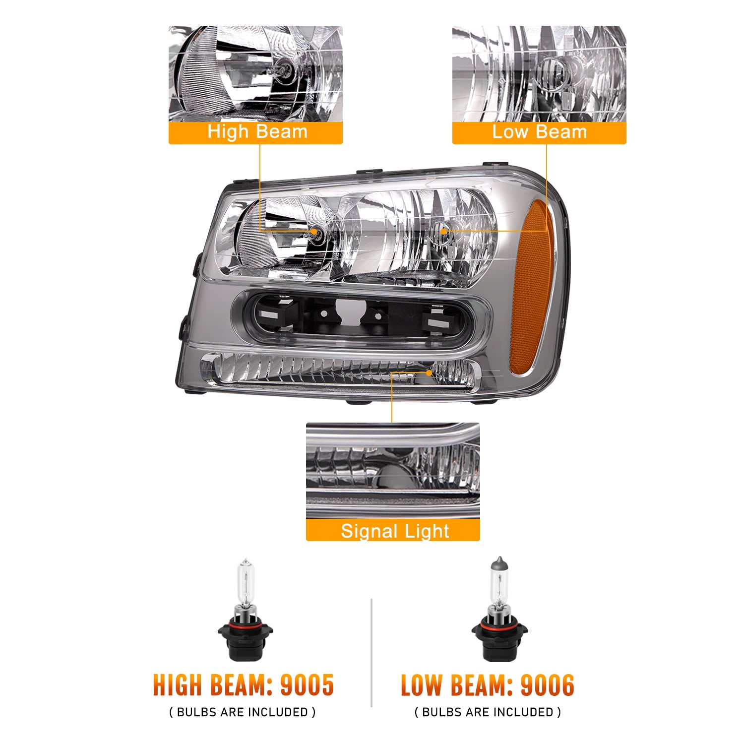 For 02-09 Chevrolet Trailblazer Chrome Housing Replacement Headlight Lamps SET