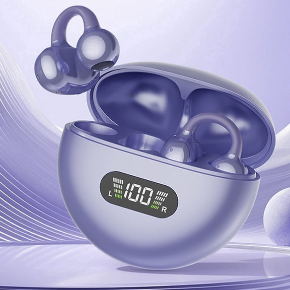 Bloydek Open Ear Clip On Earbuds, Bluetooth 5.4 Non-In-Ear Wireless Earbuds, IPX5 Waterproof, Surround Stereo Sound, LED Power Display for Sports, Purple