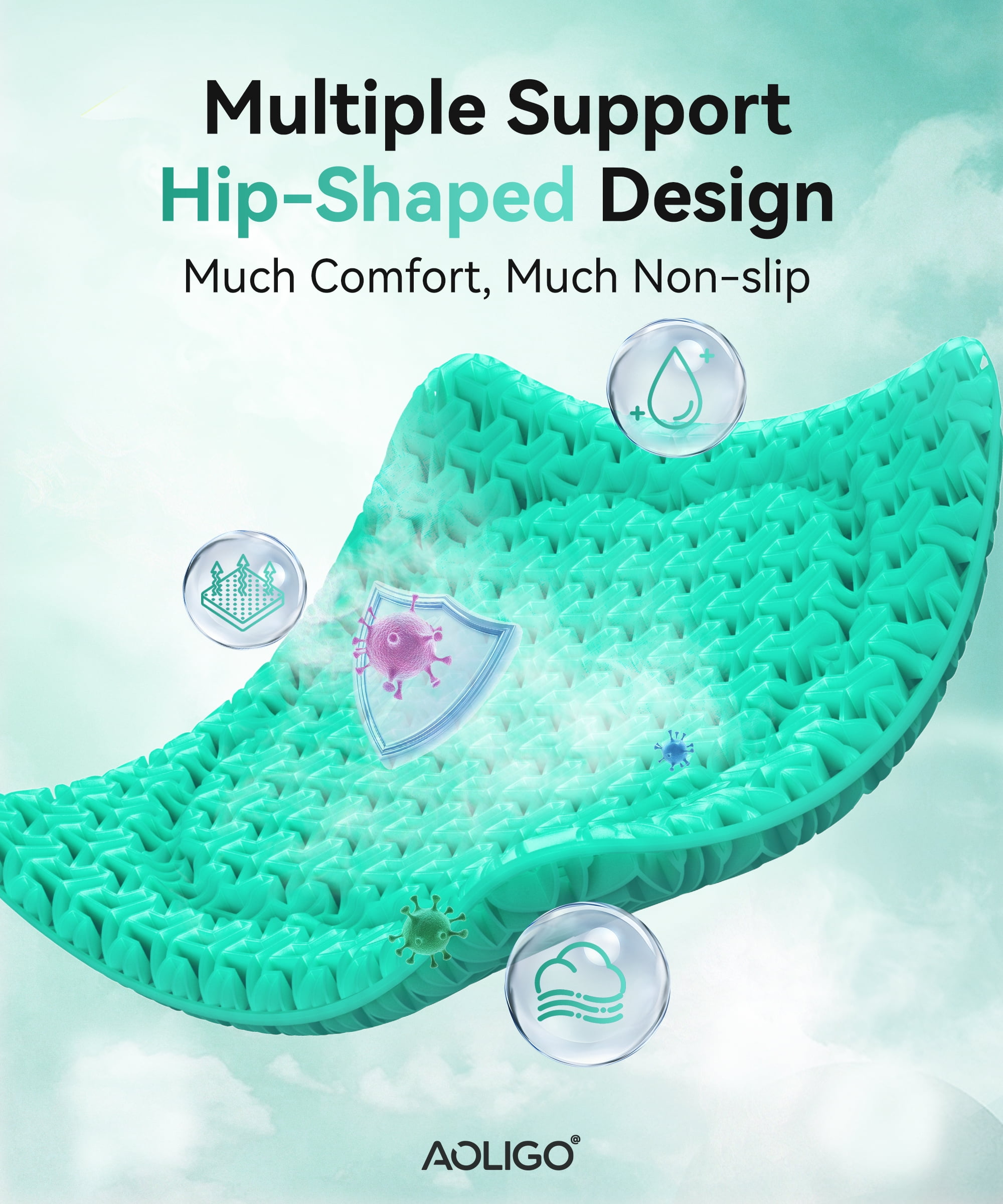 AOLIGO Gel Seat Cushion for Long Sitting, 17" x 15" Enlarged Thickened Pad, Soft & Breathable Office and Wheelchair Comfort, Cyan