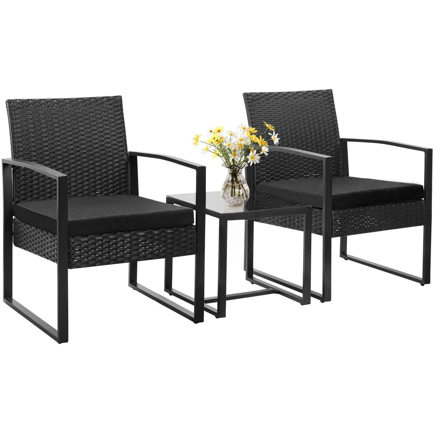 Walnew 3 Pieces Patio Furniture Cushioned Pe Rattan Bistro Chairs Set Of 2 With Coffee Table Black Com - 3pc Rattan Garden Patio Furniture Set With Cover