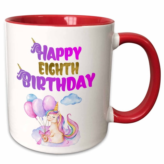 3drose, Cute Unicorn with Balloons Happy Eighth Birthday, 11oz Two-tone Red Mug