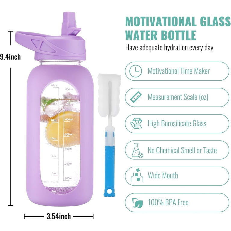 CIVAGO 32 Oz Glass Water Bottle With Straw - Motivational Time Marker, 2 Lids & Handle | Light Blue, Leakproof