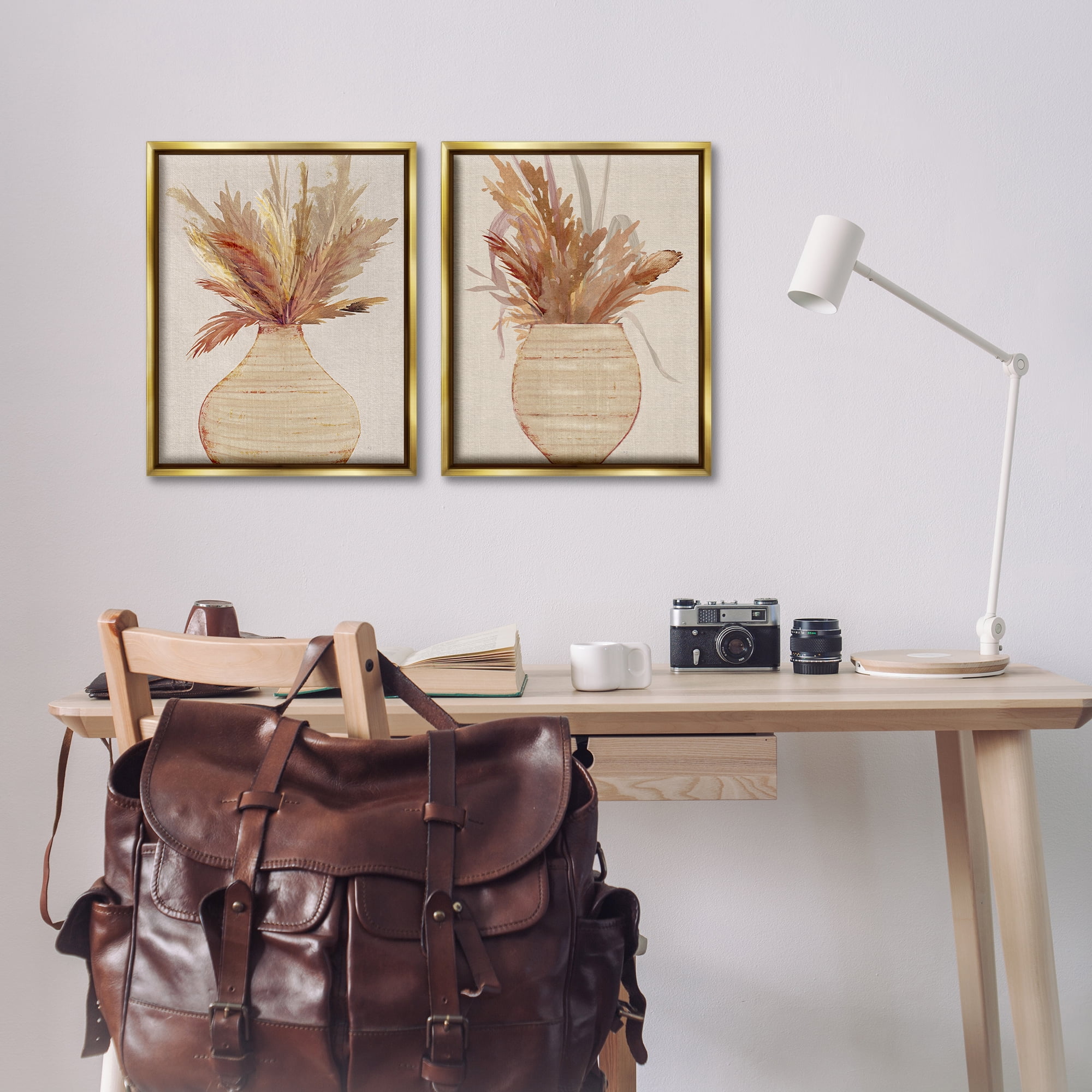 Stupell Industries Potted Feather Pampas Plants & Flowers Painting Gold Floater Framed Canvas Art Print Wall Art, 17 x 21, Set of 2
