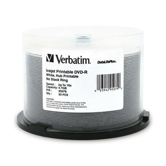 Verbatim 4.7GB up to 16x DataLifePlusWhite Inkjet PrintableHub Printable Recordable Disc DVD-R 50-Disc Spindle 95079