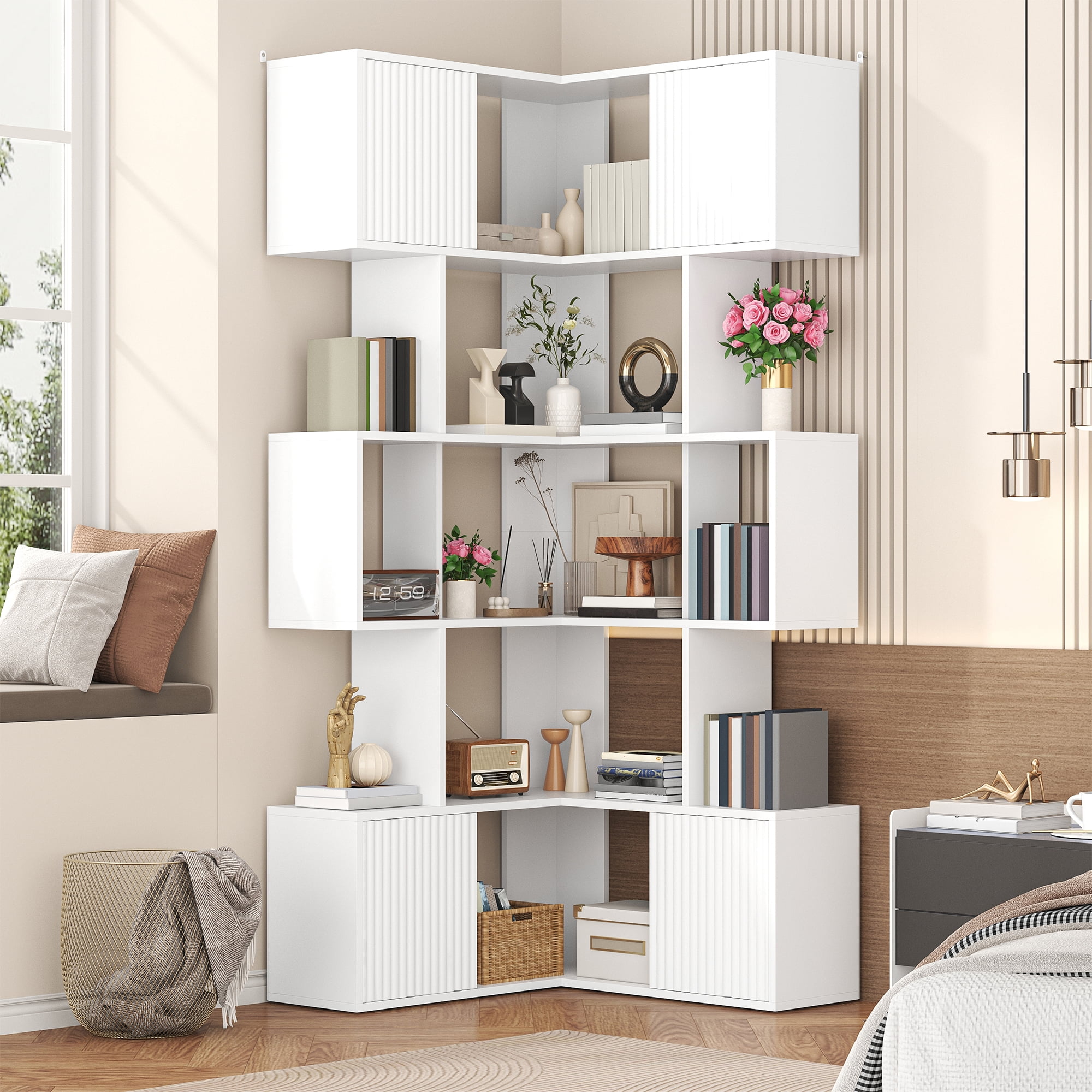 ModFurne 71 inch L-Shaped Corner Bookshelf, 5 Tier Cube Storage Bookcase, Wood Modern Book Shelf Organizer for Living Room/Home Office/Bedroom, White
