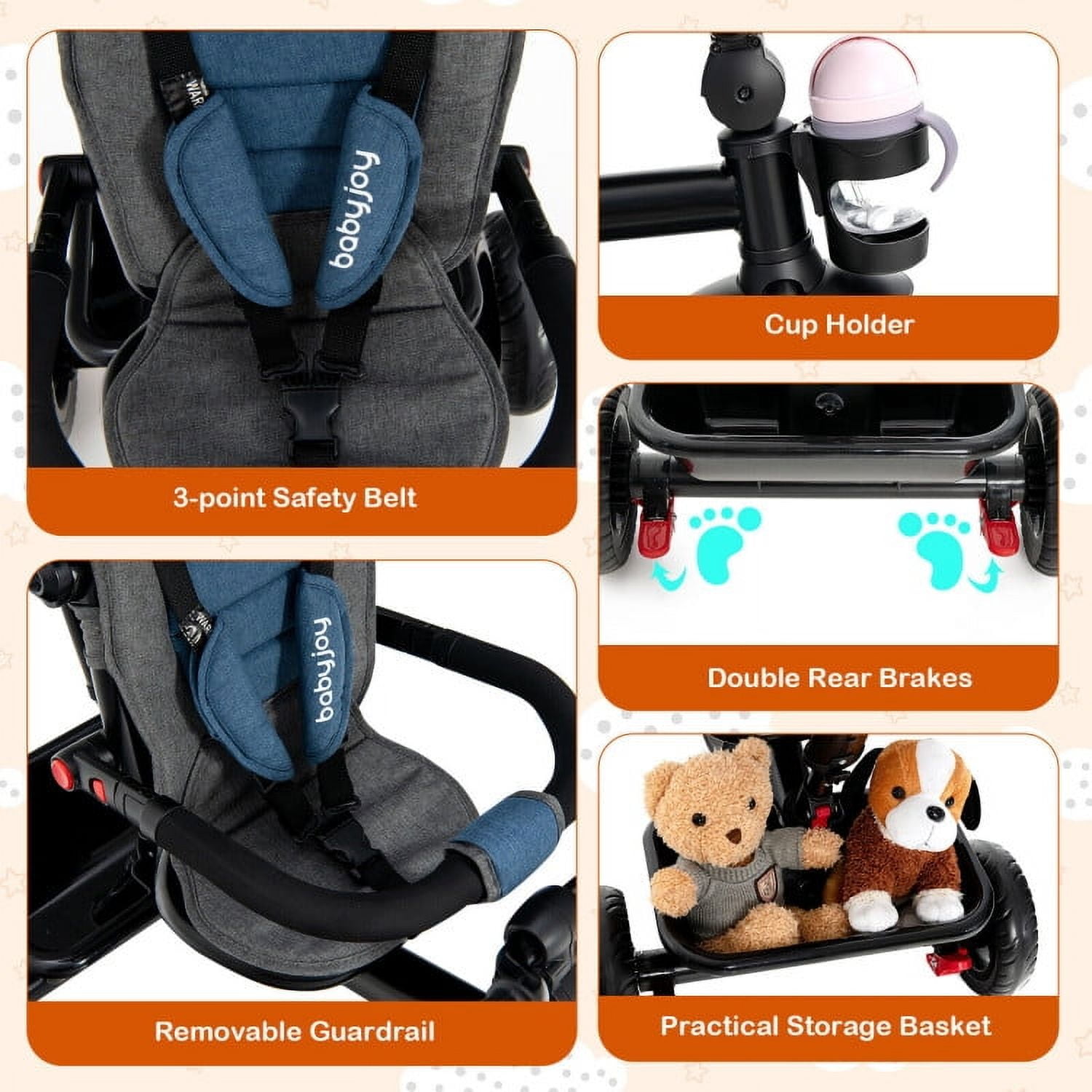 Topcobe 4-in-1 Baby Tricycle Toddler Trike with Convertible Seat, Toddler Stroller, Baby Wagon-Blue