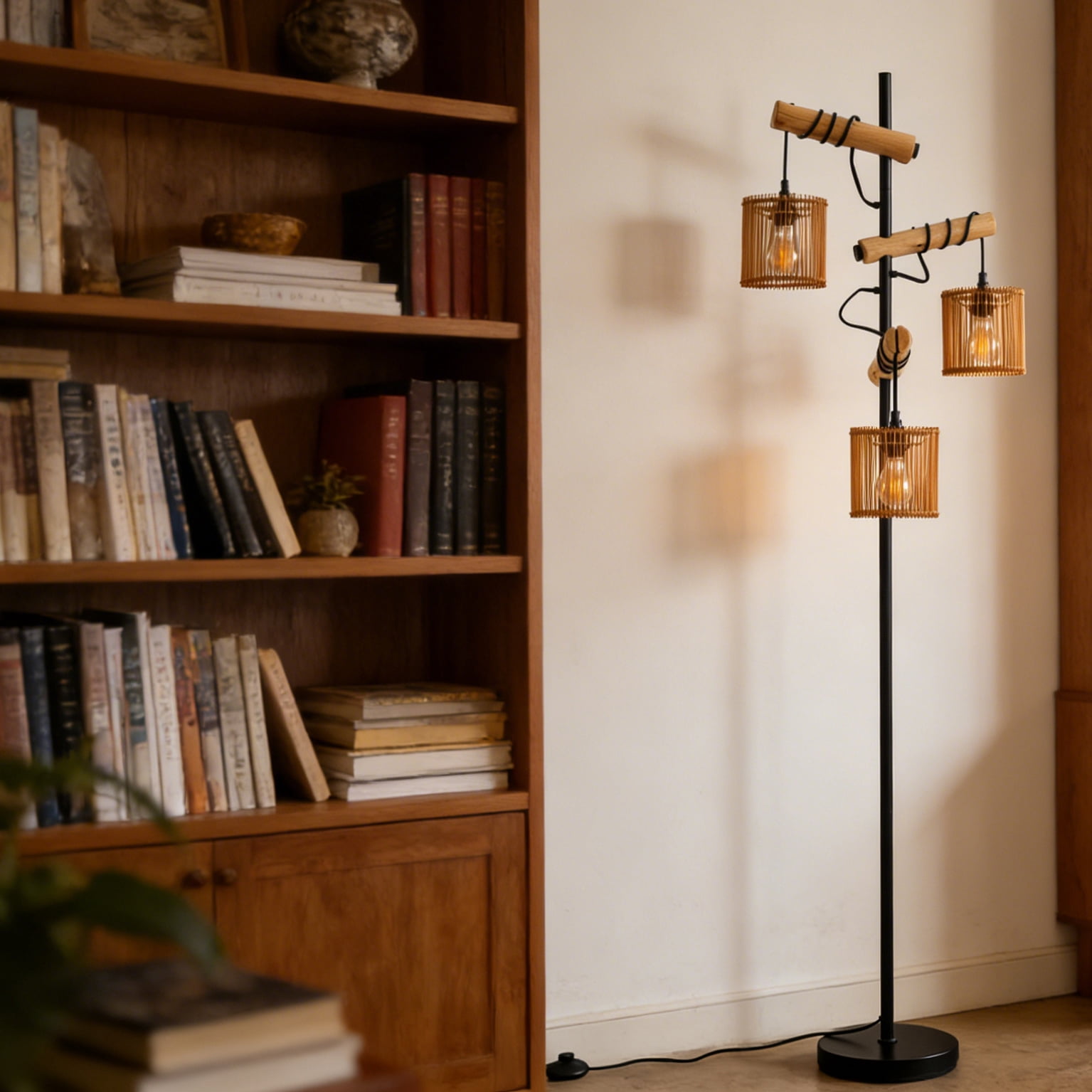 72" Rattan Boho Floor Lamp with Bamboo boho Shade Vintage Standing Lamps for Living Room Bedroom Hotel Bar Office