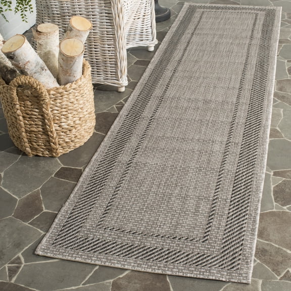 SAFAVIEH Courtyard Agnes Striped Border Indoor/Outdoor Runner, 2'3" x 14', Beige/Black