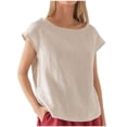 thumbnail image 2 of SDNall T-Shirts for Women Summer Fashion Cropped Sleeves Lapel V-Neck Cotton Line Loose Women'S T-Shirts (Beige, Sizes S-XXL), 2 of 9
