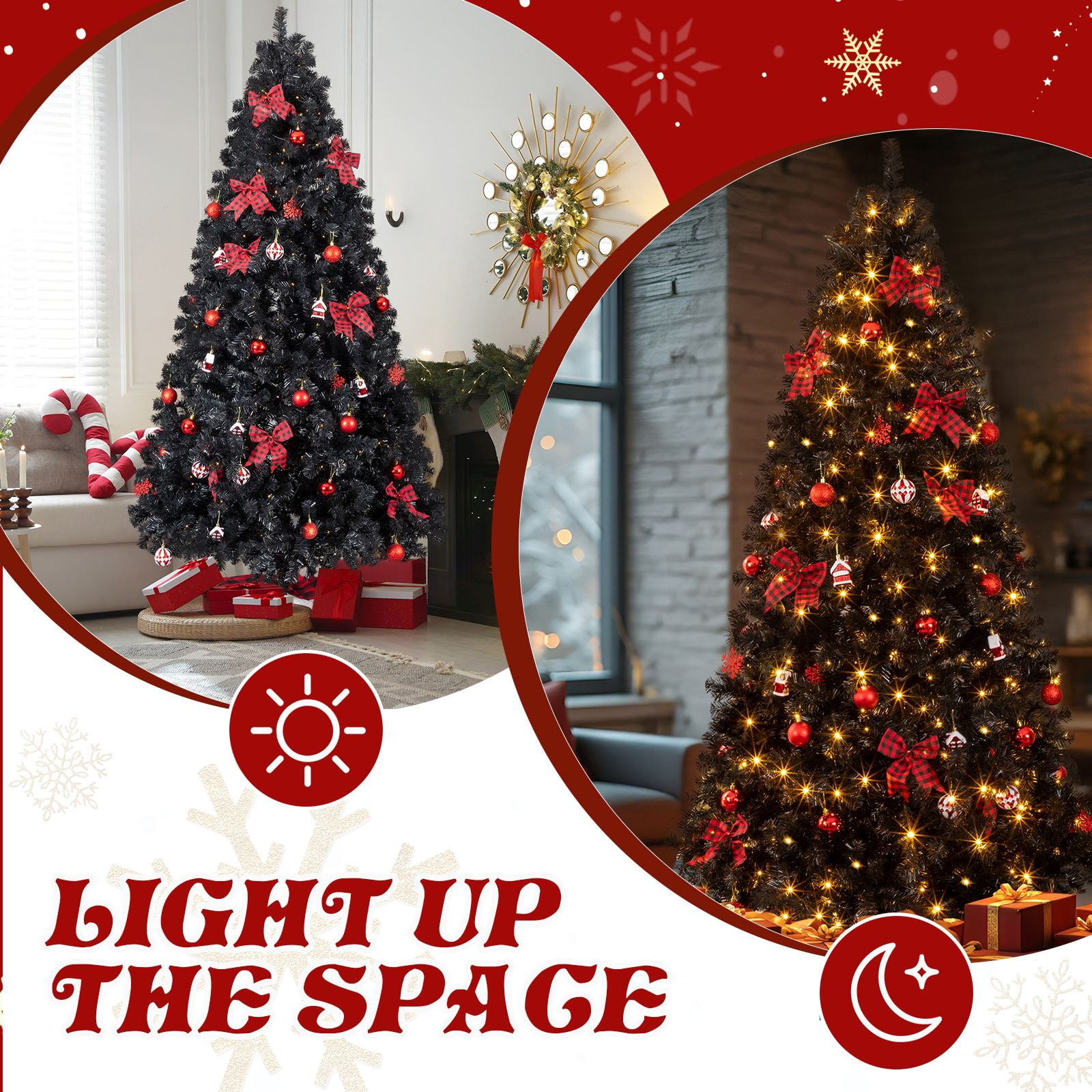 7.5 FT Artificial Christmas Tree with DIY 350 Warm White LED Lights, Hinged Xmas Pine Tree with Tree Skirt and Holiday Ornaments for Holiday Party Office Home, Black Tree & Red Decor