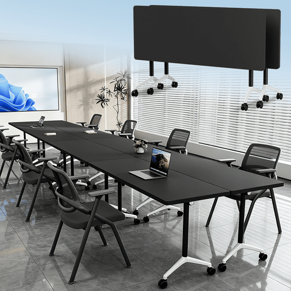 2PCS Folding Conference Table with Wheels, 4 Feet Flip Top Training Room Tables, Modular Meeting Table for 2-16 person, Modern Conference Room Tables for School Office Library, Black