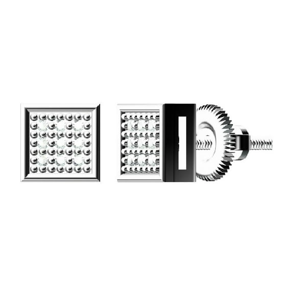King of Bling's 0.05ct Micro Pave 925 White Silver Diamond Square Earring For Men's & Women's