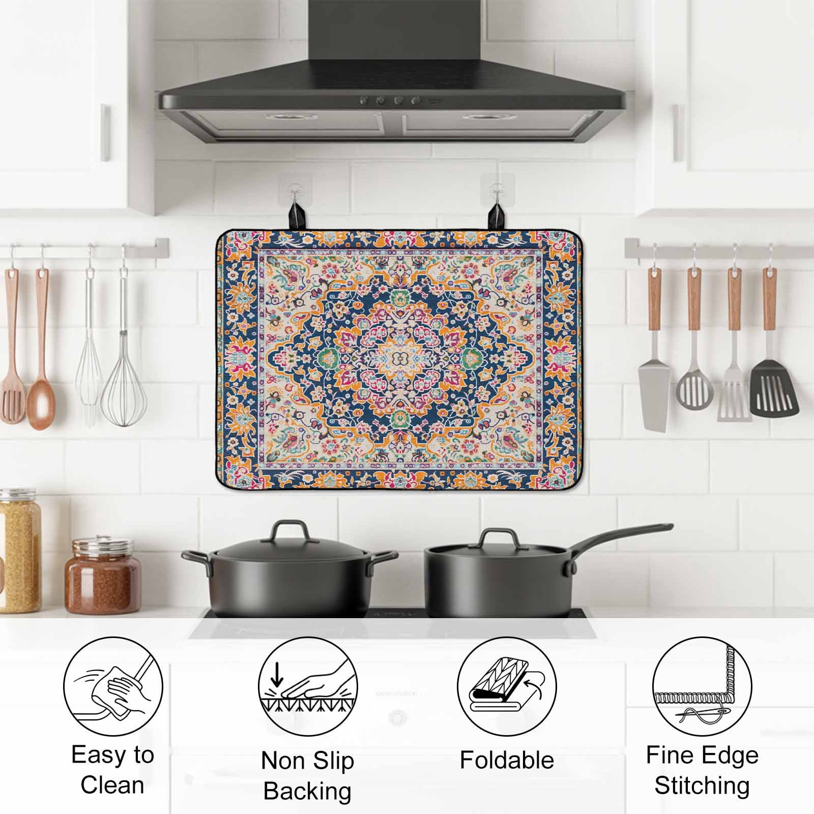 Boho Blue Yellow Stove Top Cover for Electric Stove, Heat-proof & Non Slip Glass Top Stove Cover Protector, Ethnic Vintage Mexican Flowers Southwestern Kitchen Flat Cooktop Rubber Mat 24x21 Inches