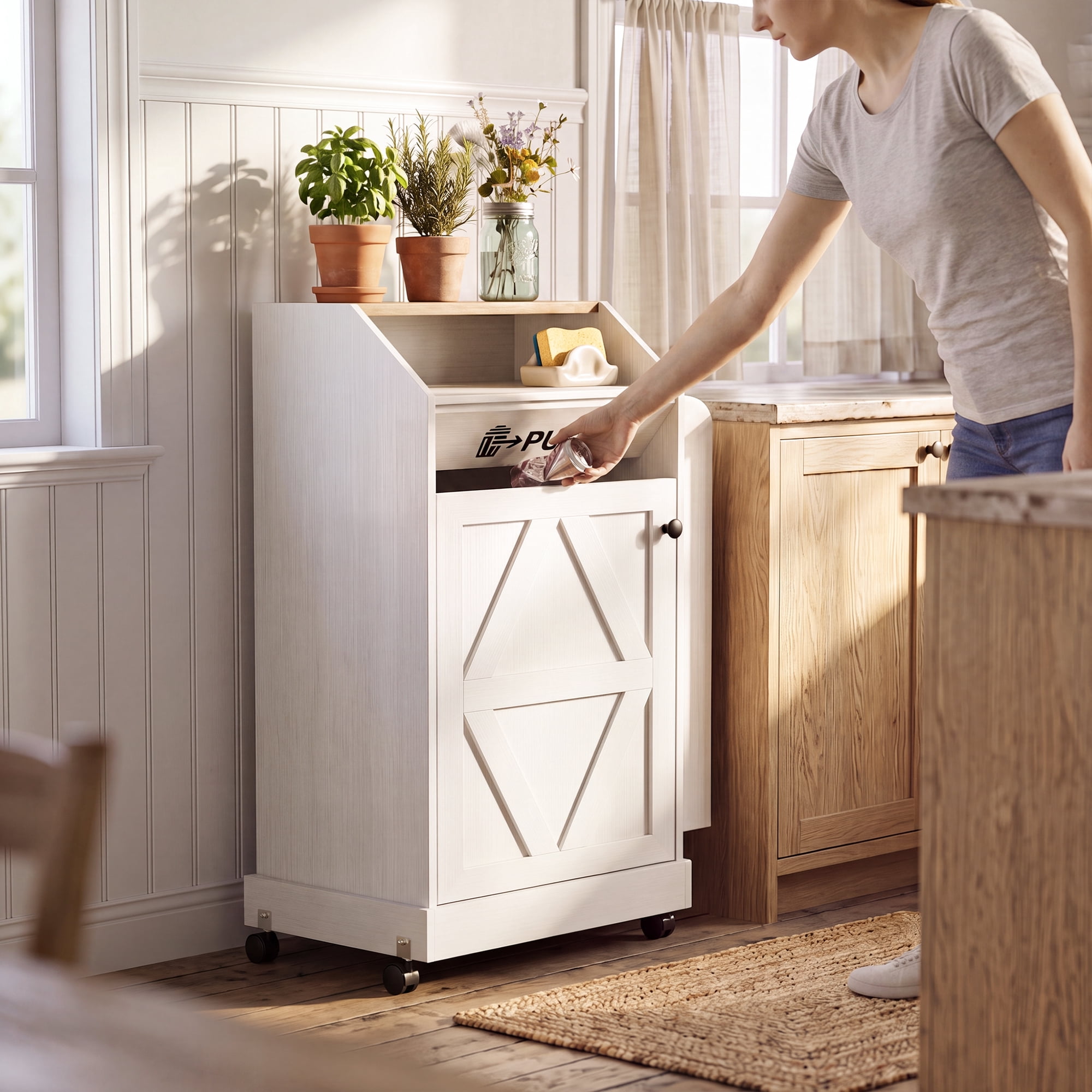Lacoo 13 Gallon Trash Cabinet with Storage Shelves for Kitchen, Freestanding Garbage Can Cabinet with Lockable Rolling Casters, White