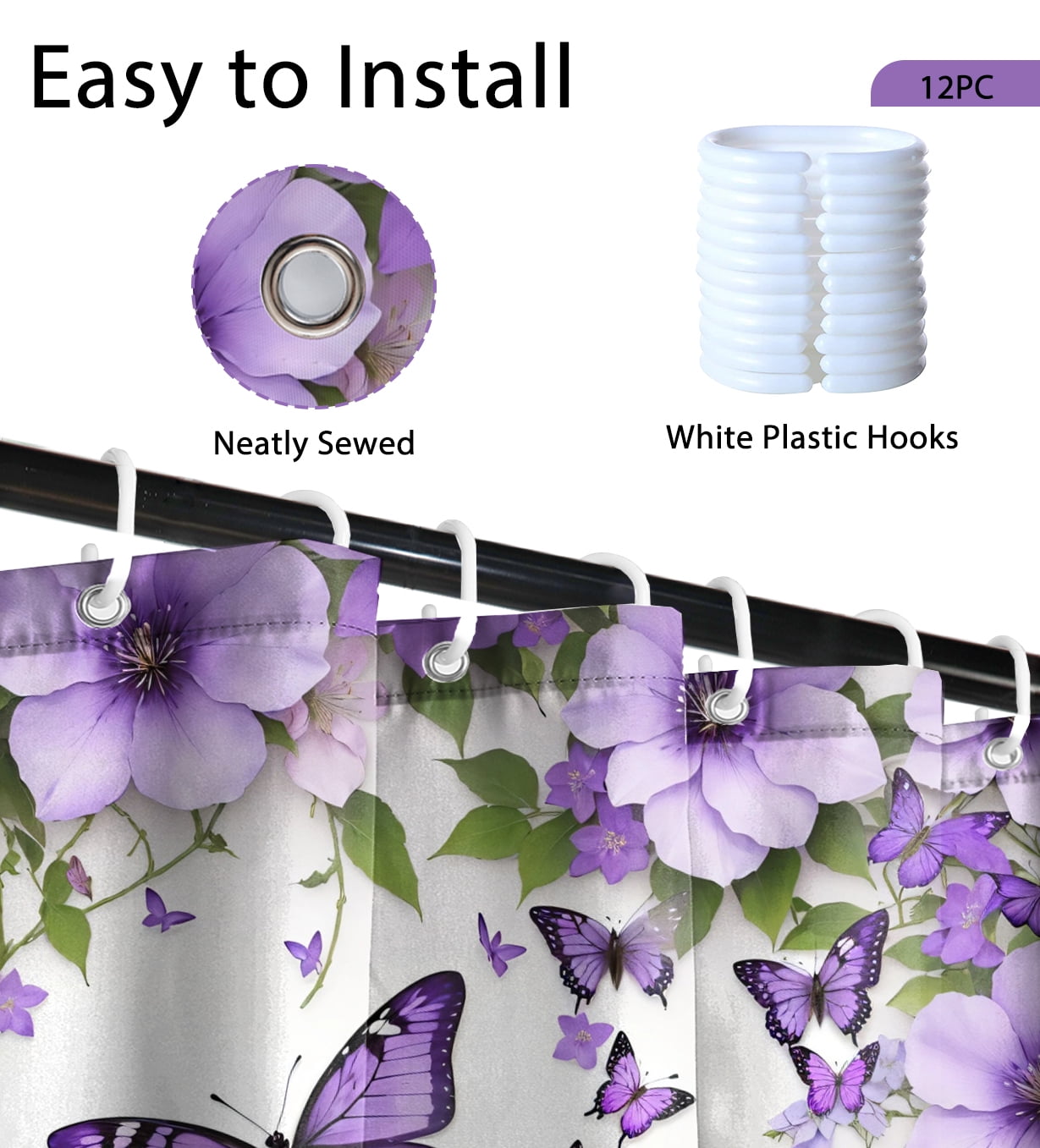 SUNOLIFE Purple Shower Curtain Butterfly Waterproof Fabric Bathroom Shower Curtains, 72x72 in