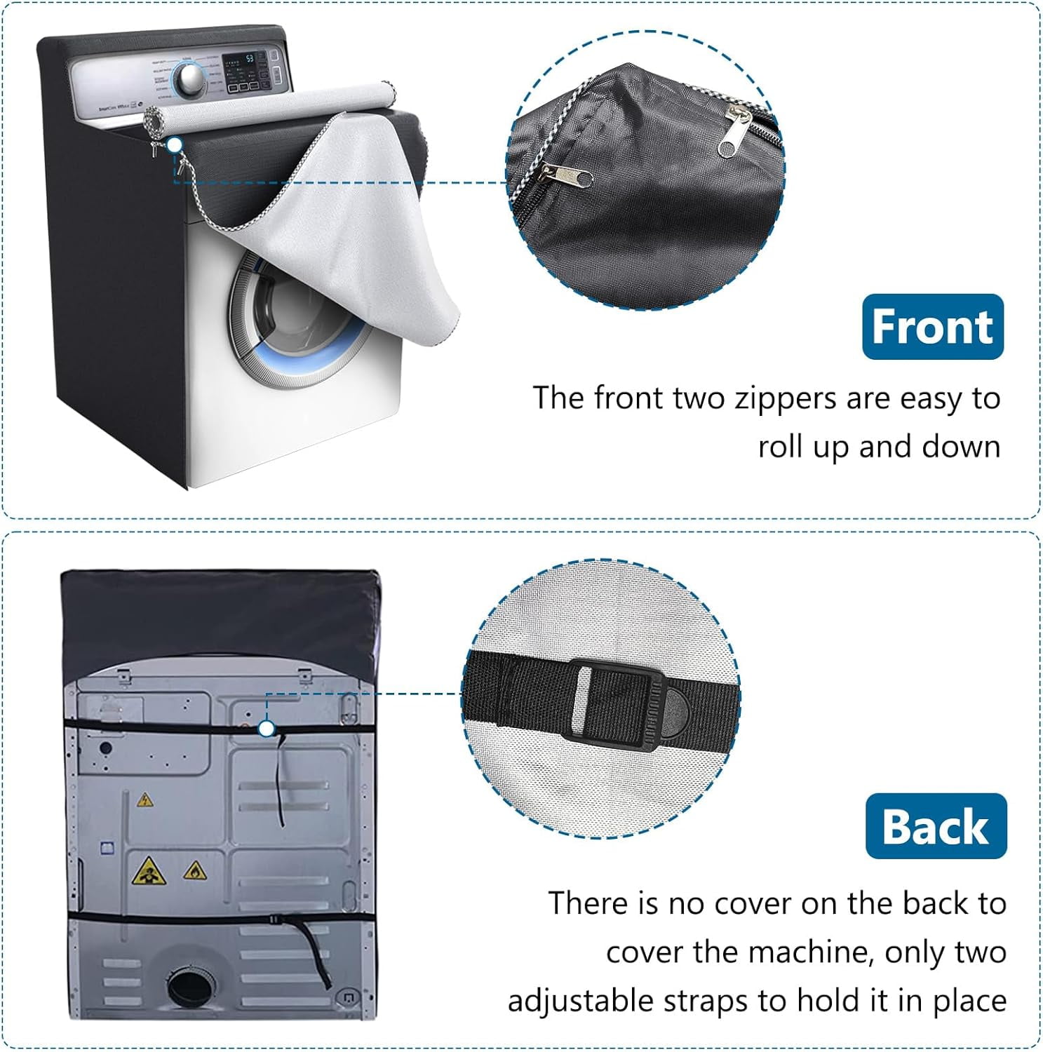 ABPETE 1 Pack Washing Machine Cover, Waterproof Dustproof Washer Dryer Cover with Zipper and Perspective Window ,Fit for Front Load or Top Washer and Dryer 27"Wx26"Dx43"H,Black