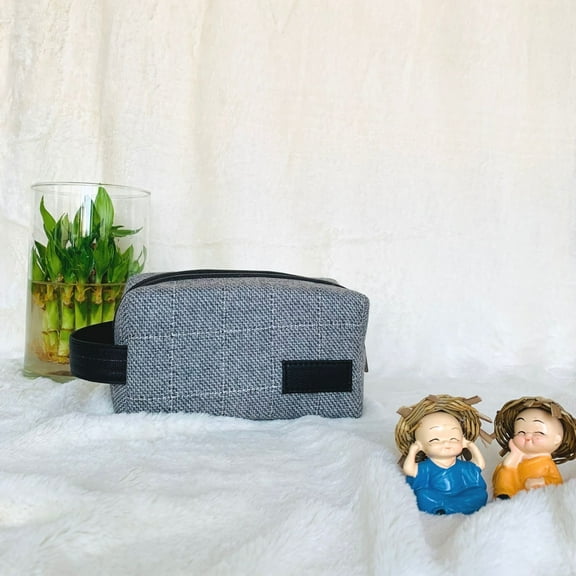 Strutt Compact Collapsable Leather & Grey Tweed Unisex Toiletry Kit/ Dopp Kit