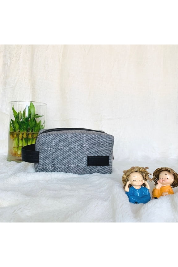 Compact Collapsable Leather & Grey Tweed Unisex Toiletry Kit/ Dopp Kit