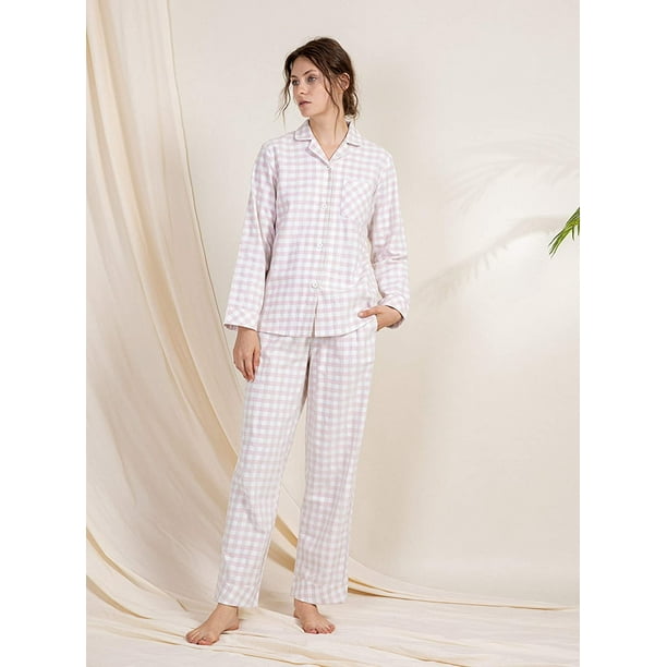 Womens Pajama Set 100% Cotton Flannel Woven Plaid Pajamas Long