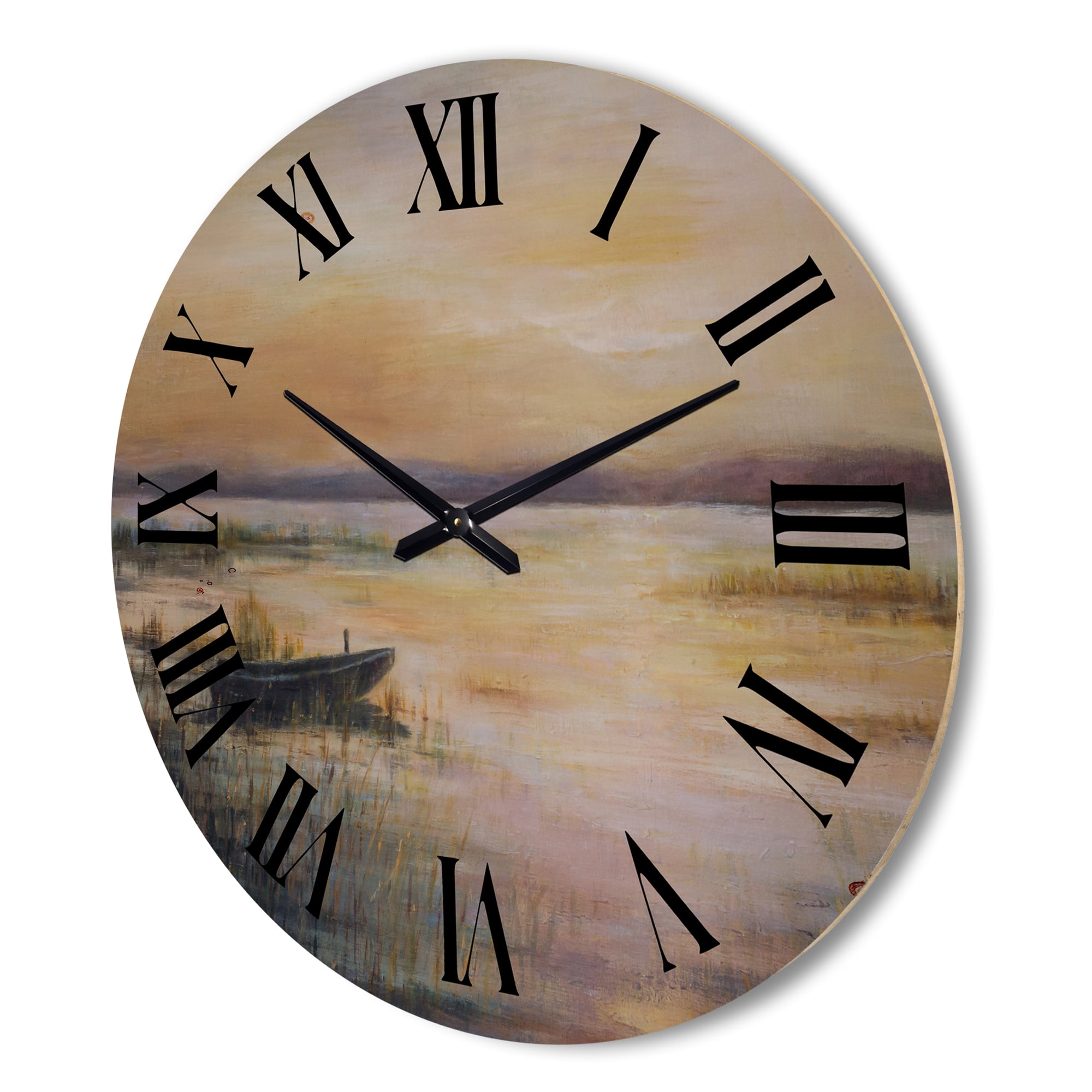 Designart 'Pastel Boat Sunset Over The Lake' Nautical & Coastal Wood Wall Clock