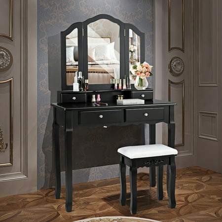 Gymax Bedroom Tri Folding Mirror Vanity Makeup Table Stool