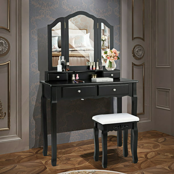 Gymax Bedroom Tri Folding Mirror Vanity, Black Mirrored Dressing Tables