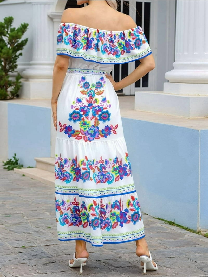 Women'S Mexican Dress Summer Floral Print Off the Shoulder Sleeveless Beach  Long Maxi Dress White & Blue XXL - Walmart.com