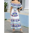 thumbnail image 4 of Women'S Mexican Dress Summer Floral Print Off the Shoulder Sleeveless Beach Long Maxi Dress White & Blue XXL, 4 of 7