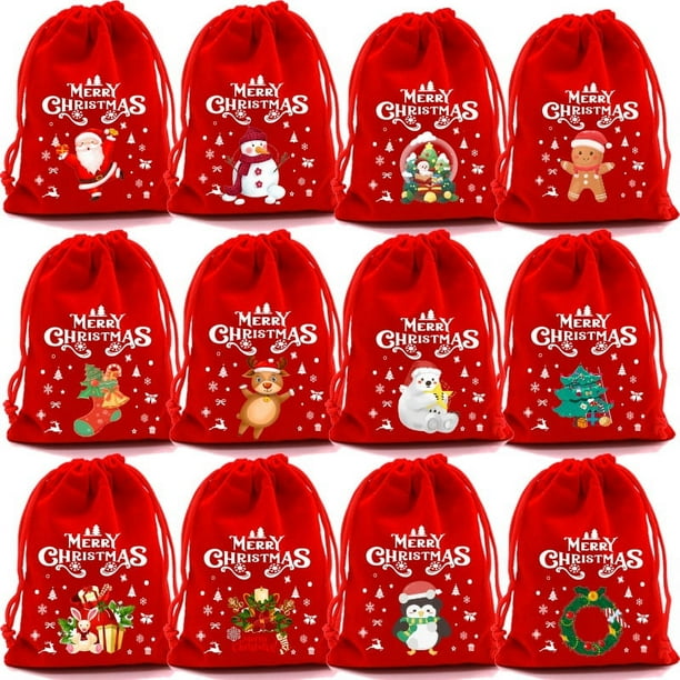 Juego de bolsas de regalo navideñas de terciopelo rojo, 12 piezas, 10 x 16 cm