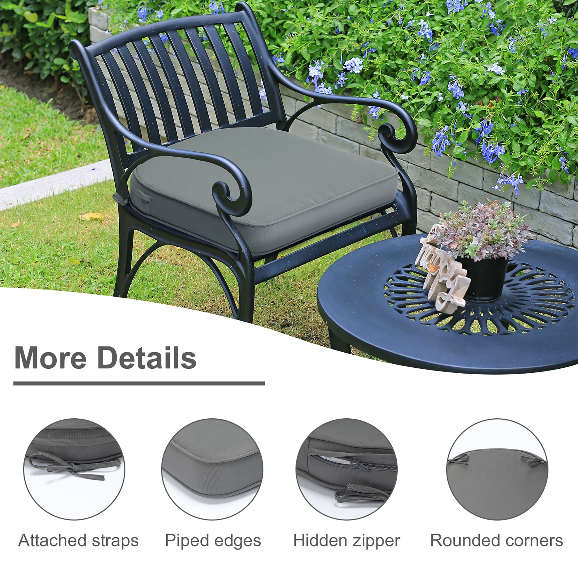 Aoodor Outdoor Chair Pads, 20"W x 19"D Patio Seat Cushion Set of 2, Fade-Resistant Polyester, Gray