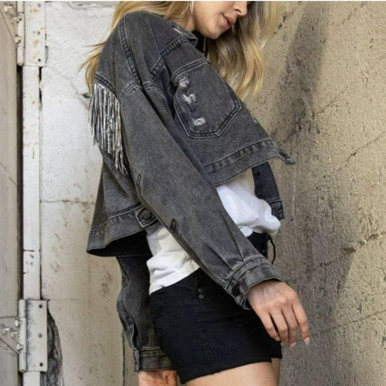 Kukuzhu Women s Fringe Rhinestone Denim Jacket Long Sleeve Distressed Crop Jean Coat Jackets Walmart