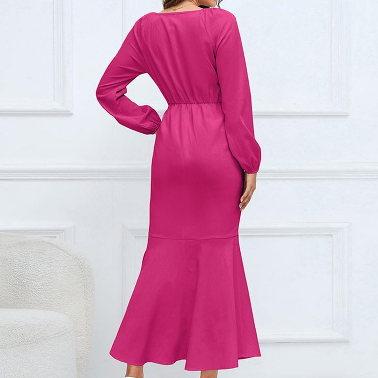 HAPIMO Women's Tea Length Mermaid Dress Solid Color Elegant Casual High  Waist Long Sleeve Spring V Neck Trendy Hot Pink XXL - Walmart.com